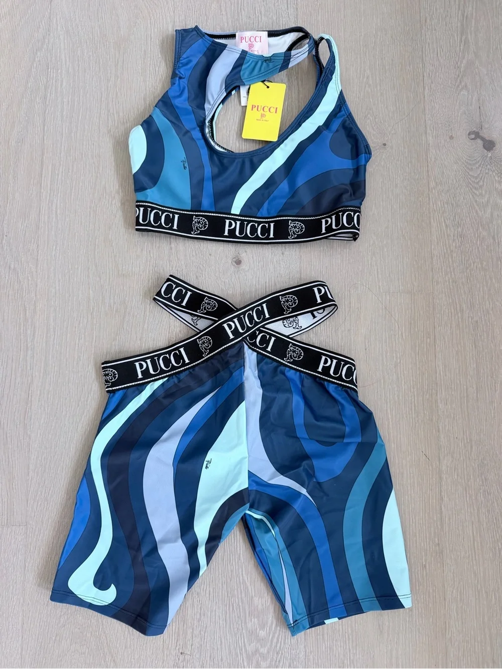 Blue Swirl High-Waist Biker Shorts And matching top set size S